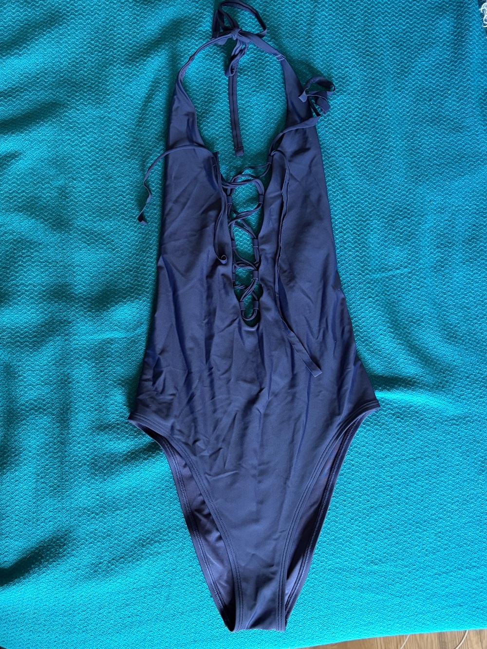 aerie Navy Lace-Up One-Piece Swimsuit with Halter Tie